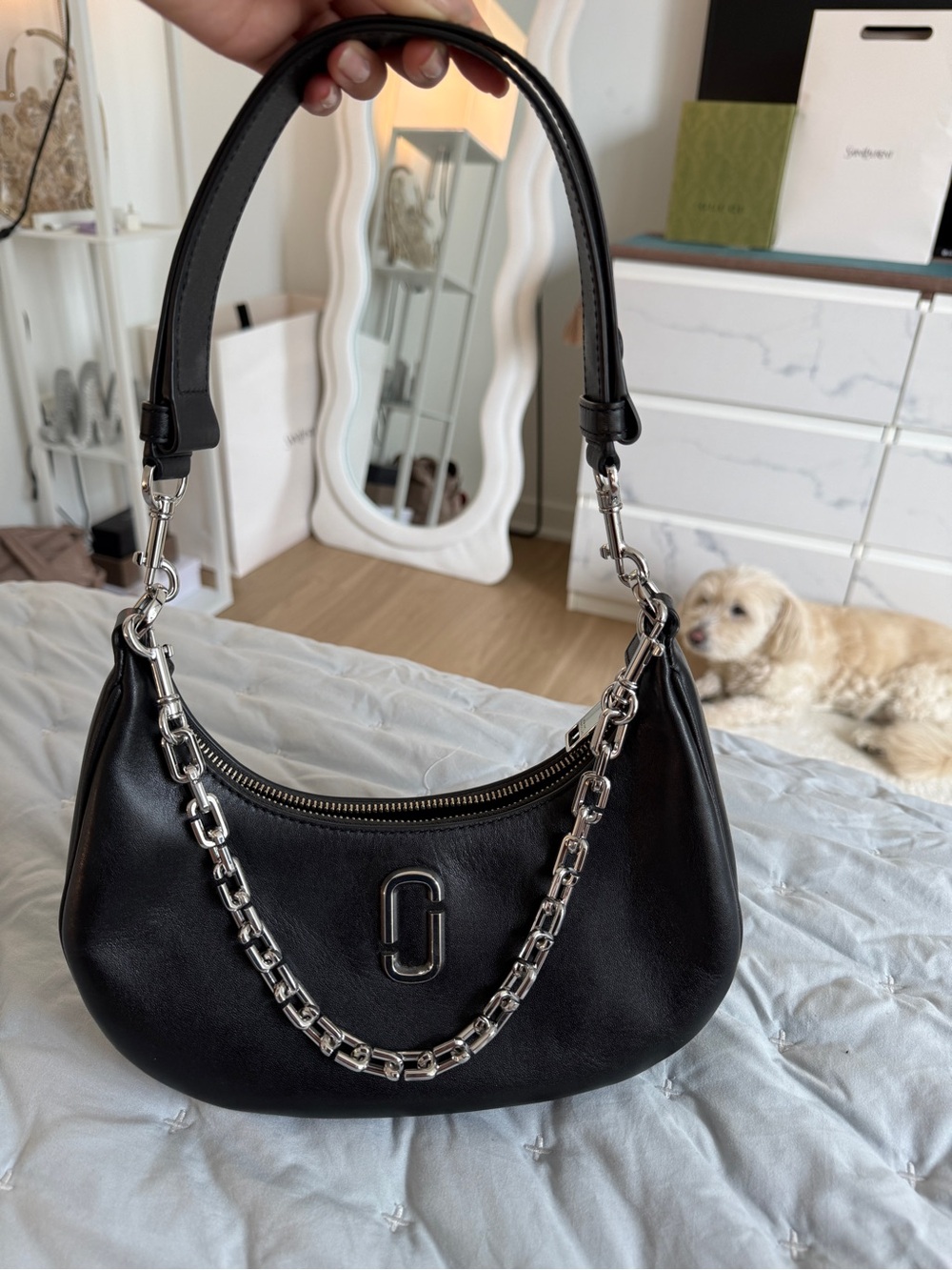 Marc Jacobs Black Leather Shoulder Bag with Silver Chain